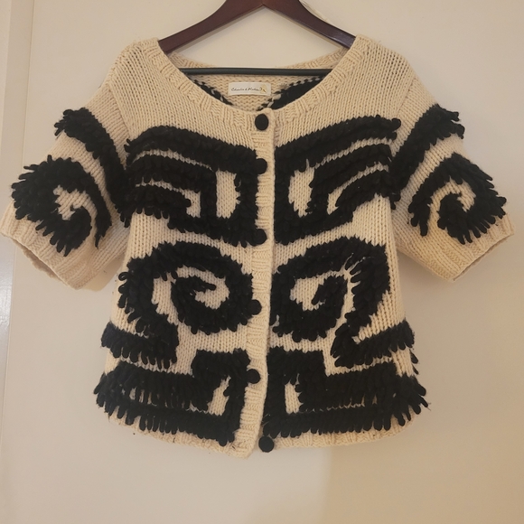 Anthropologie Sweaters - ANTHLOPOLOGIE Cream and Black Patterned Knit Cardigan Sweater